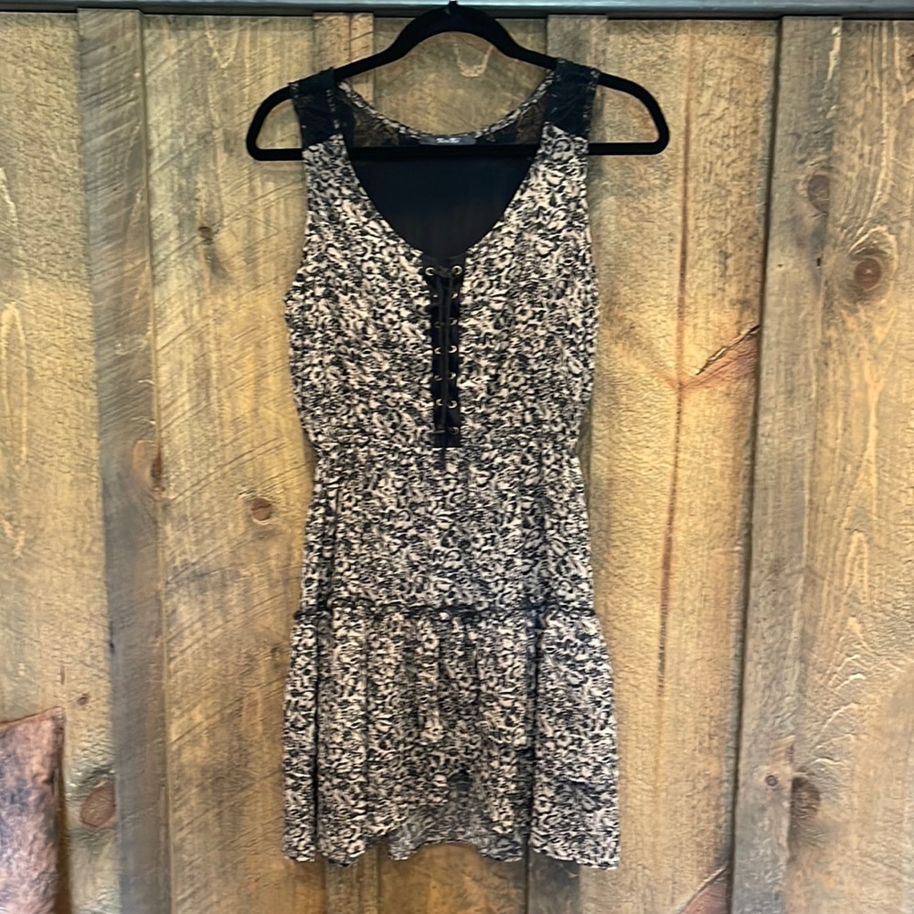 Dress, tie bodice, layered flowy bottom, short